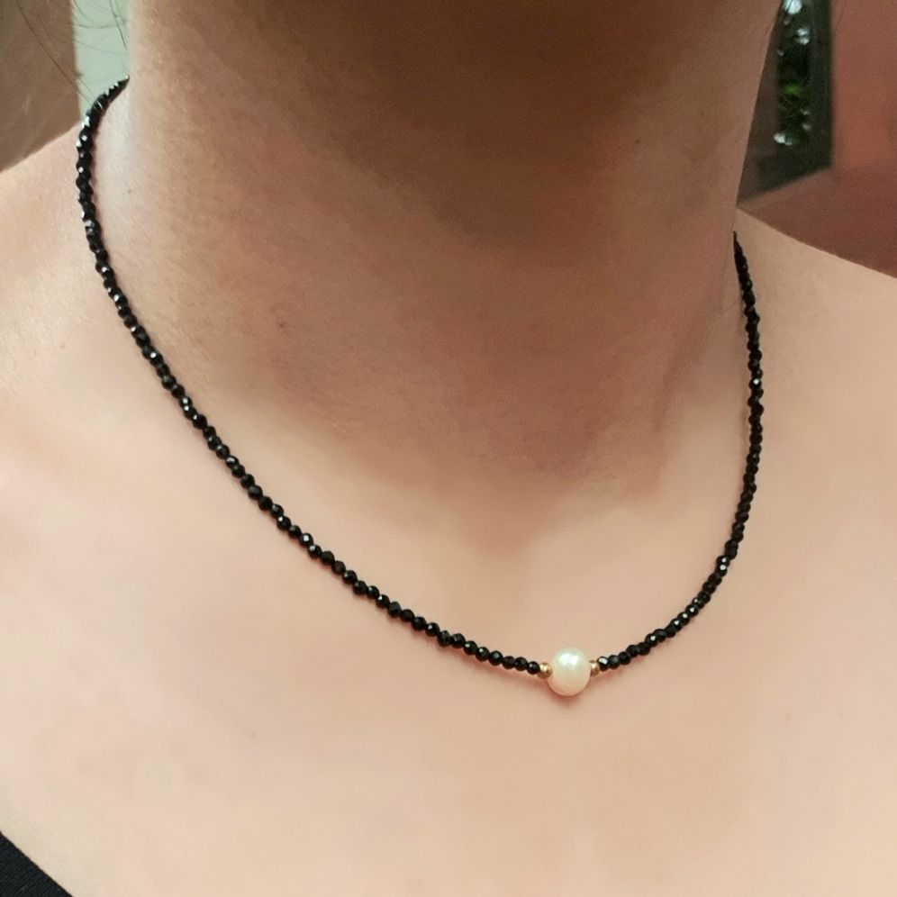 สร้อยคอหินนิลดำแท้ หินแท้ธรรมชาติ สร้อยคอมุก Black Spinel Necklace with Pearl