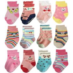 ถุงเท้าเด็ก ถุงเท้ากันลื่นเด็ก คละลาย คละสี สำหรับเด็กผู้หญิง อายุ 3-12 เดือน 12 ลาย แพ็ค 12 คู่   