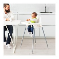 เก้าอี้ทานข้าวเด็กเล็ก ทรงสูงพร้อมถาด และเข็มขัดรัด (สีขาว) อายุ 6 เดือน - 4 ปี