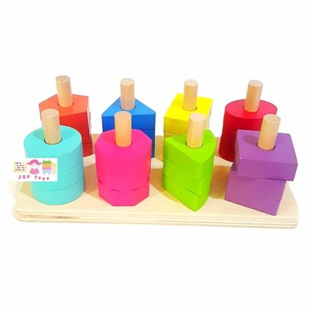 JKP Toys ของเล่นไม้เสริมพัฒนาการ สวมหลักสอนสีเเลุะรูปทรง 8 ชนิด