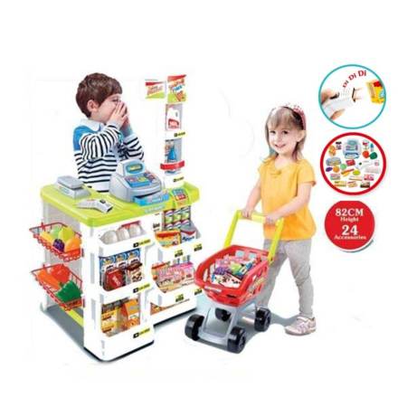 Lookmee Shop ชุดเคาน์เตอร์ร้านซุปเปอร์มาเก็ต พร้อมรถเข็นซุปเปอร์ และสินค้า