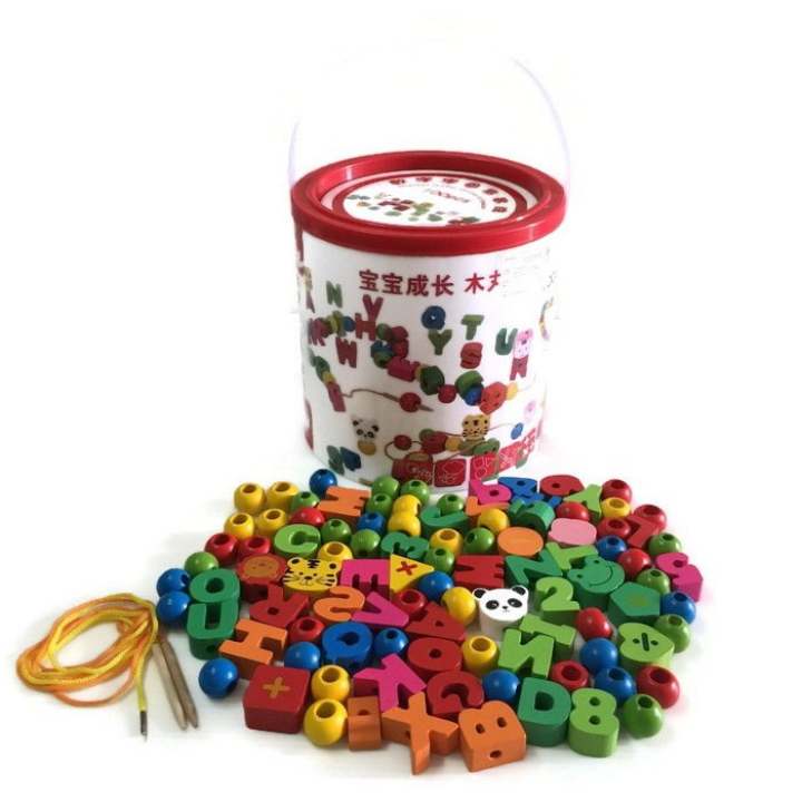 Mistertoyman ชุดร้อยเชือกตัวอักษรตัวเลขและลูกปัด100ชิ้น แบบถัง