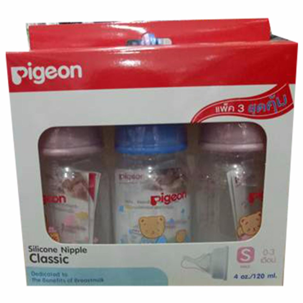 Pigeon Silicone Nipple Classic ขวดนม PP 4oz พร้อมจุกเสมือนนมมารดา รุ่นมินิ ไซส์ S แพ็ค3 ขวด (1 แพ็ค)