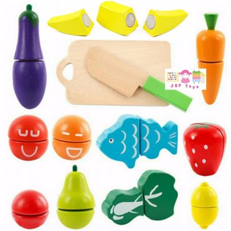 Todds  Kids Toys ของเล่นไม้เสริมพัฒนาการ ชุดหั่นผัก ผลไม้ ในถัง 11 ชนิด 