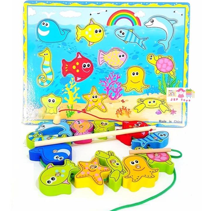 Todds & Kids Toys ของเล่นไม้เสริมพัฒนาการ 3 in 1 กระดานจับคู่ ร้อยเชือกเเละตกปลา
