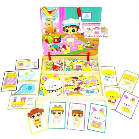 Todds  Kids Toys ของเล่นไม้ เสริมพัฒนาการ กระดานไม้ 2 in 1 พร้อมจิ๊กซอว์แม่เหล็กเเต่งตัวตุ๊กตาเด็กอ่อน
