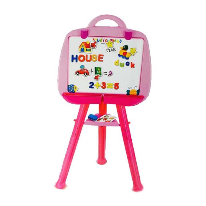 Worktoys กระดานกิจกรรม กระดานไวท์บอร์ด พร้อมตัวอักษรแม่เหล็ก ปรับความสูงได้ 3 ระดับ (สีชมพู)
