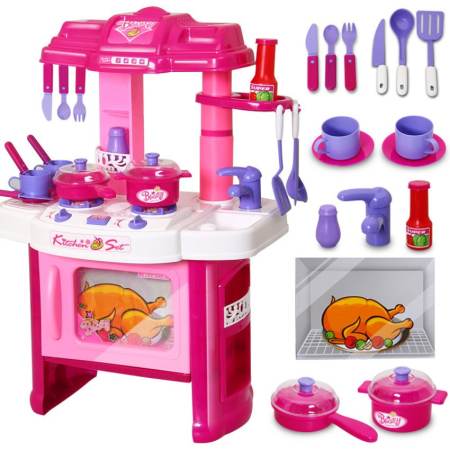 Worktoys ชุดครัวจำลอง ขนาดใหญ่ มีไฟ มีเสียงดนตรี อุปกรณ์ครบชุด (สีชมพู)