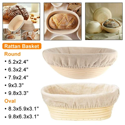 7 Size Oval/Round Rattan Woven Handmade Bread Fermentation Basket With Cloth Lid