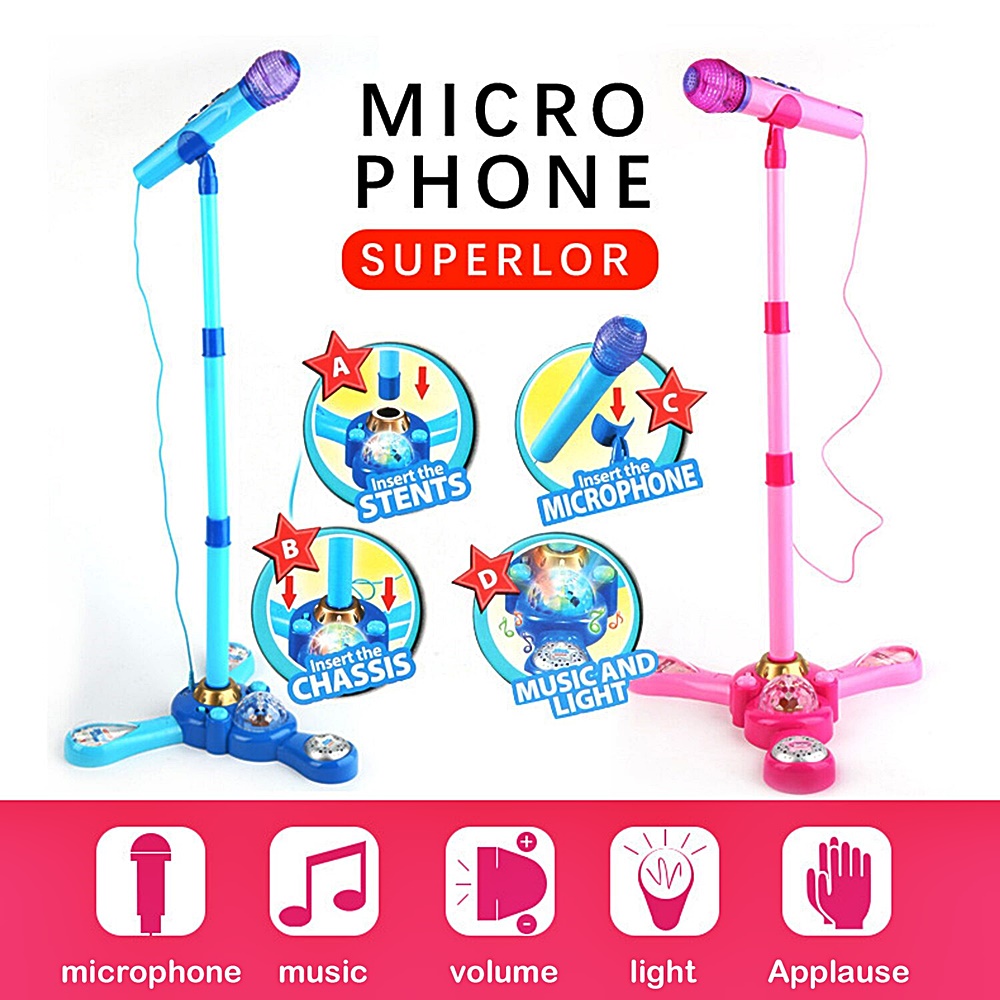Delighted ของเล่นชุดเซ็ทไมโครโฟนคู่ รองรับการเชื่อมต่อ MP3  พร้อมเสียงดนตรีและไฟสลับสี ปรับสูงต่ำได้ พลาสติคคุณภาพดี