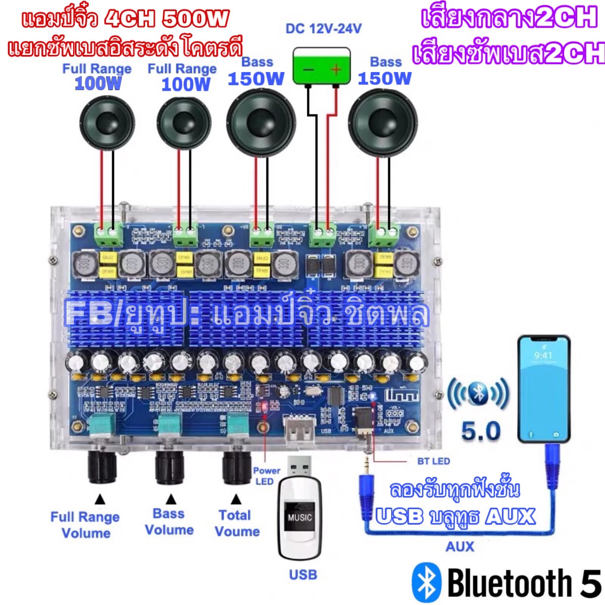 แอมป์จิ๋ว เครื่องขยายเสียง บลูทูธ USB AUX 4ชาแนล แยกซัพอิสระ 4CH แอมป์4CH แอมป์จิ๋วชิตพล