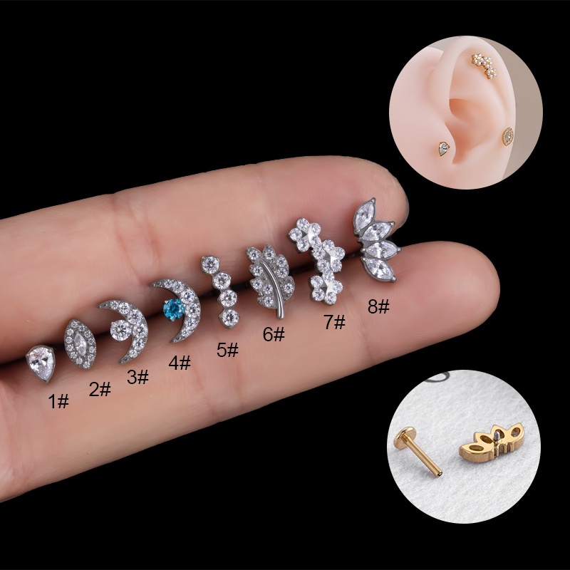 1 Piece G23 Titanium Internal Internally Thread Labret Lip Stud Mmon Leaf Crown Shape Helix Cartilage Pinna Piercing 16Gauge
