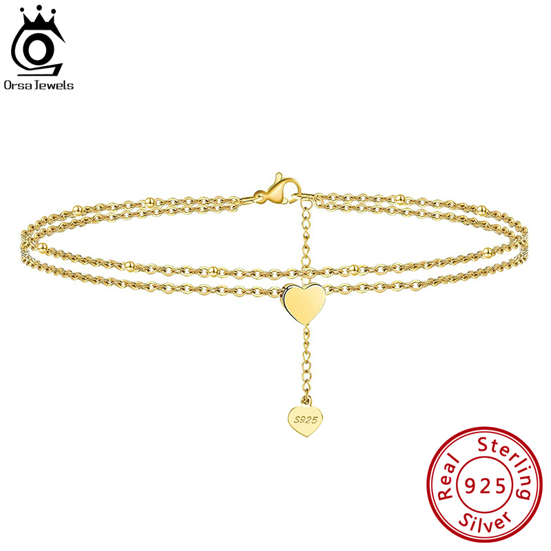 ORSA JEWELS 925 Sterling Silver Women Heart & Salite Layered Chain Anklet Summer 14k Gold Foot Bracelet Leg Jewelry SA17