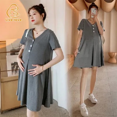 LL short sleeve maternity dress mid-length chiffon maternity dress