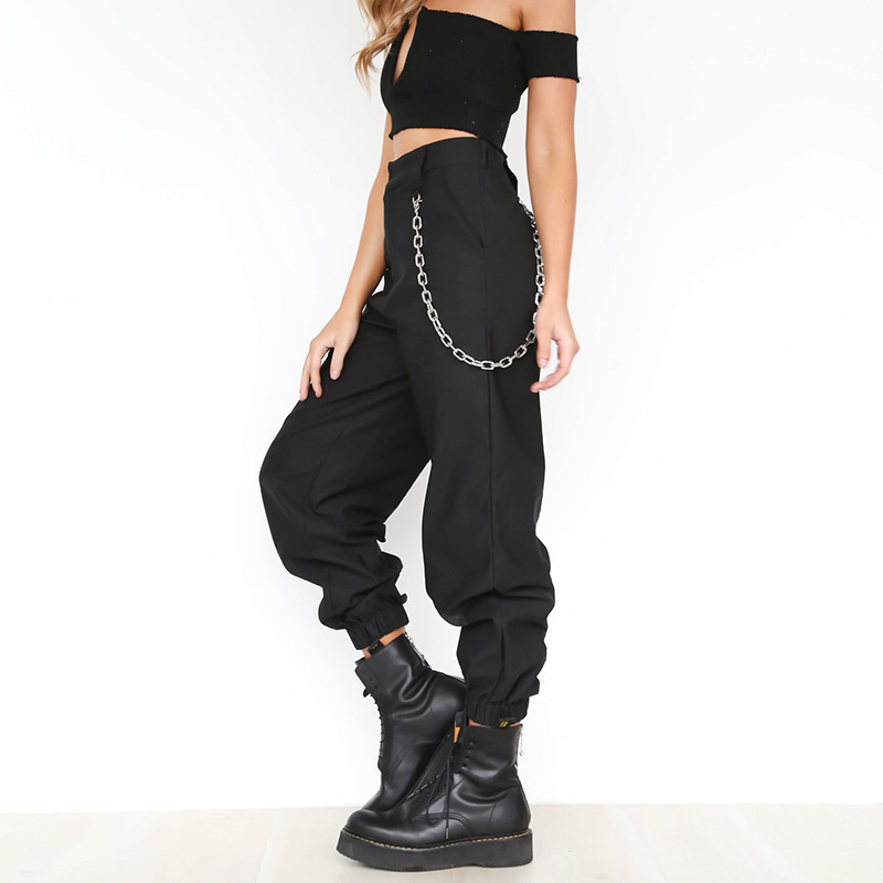 New Women's Personalized Solid Color Sports Casual Pants Harem Pants Wide Leg Pants Trousers with Chain