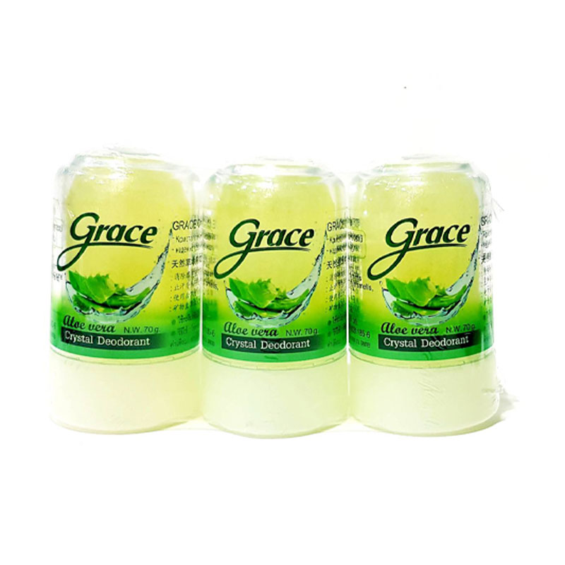 Grace Crystal Deodorant Aloevera 70 g x 3.เกรซ โรลออนสารส้ม สีเขียว