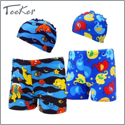 【Teeker】2Pcs Cartoon Children's Swimming Trunks Boxer Baby Boys Swimwear Swimming Shorts Cap 1-5 Years