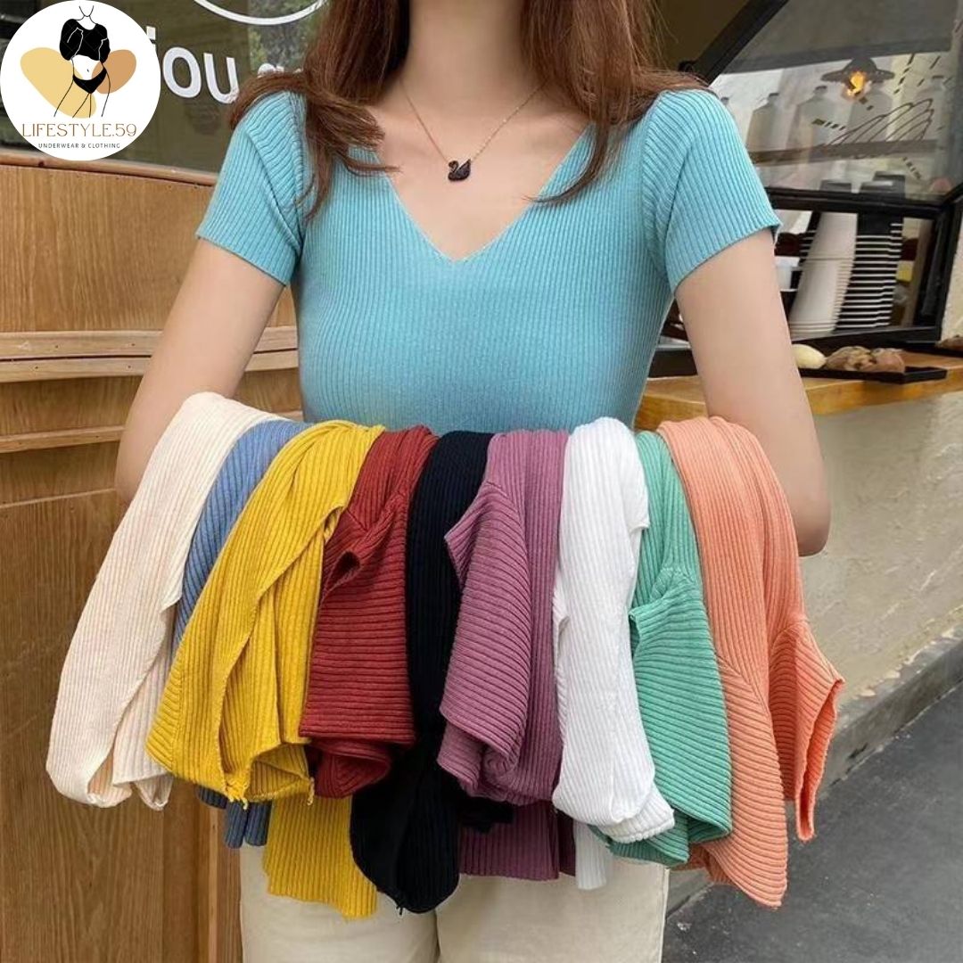 Lifestyle.59-(พร้อมส่ง‼️)22สี V-neck เสื้อคอวี เสื้อยืดคอวีสีพื้น ผ้า ...
