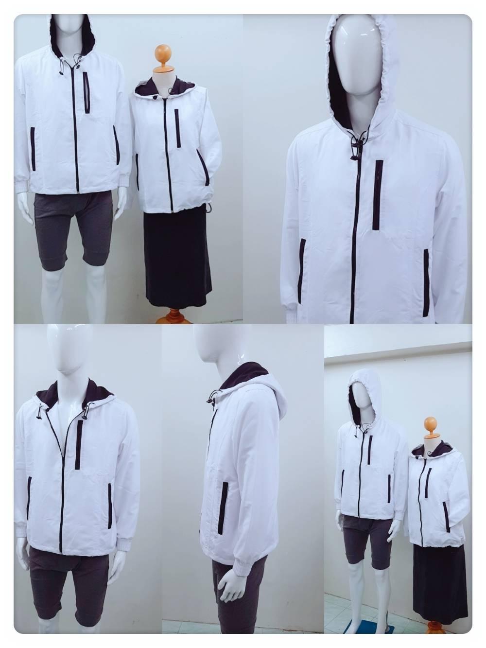 SALE++เสื้อแจ็คเก็ตผ้าร่ม สีขาวมีฮู้ด แดดกันลมคุณภาพดีจากโรงงานผู้ผลิตครบวงจรในไทย