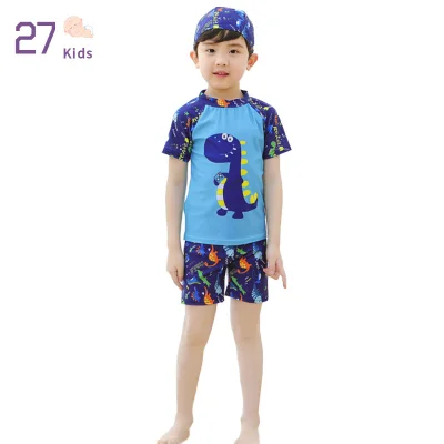 27Kids 3Pcs/set Boy Baby Split Swimsuit Tops Shorts Hat Kids Short Sleeve Cartoon Surfing Swimwear