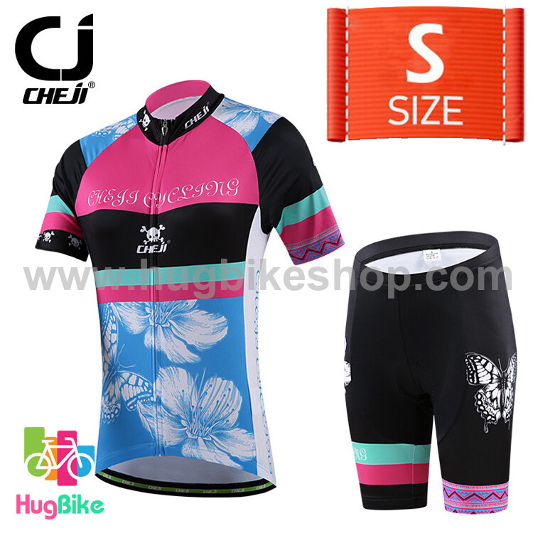 ชุดจักรยานผู้หญิงแขนสั้นขาสั้น CheJi 15 (05) สีชมพูดำเขียวลายผีเสื้อ