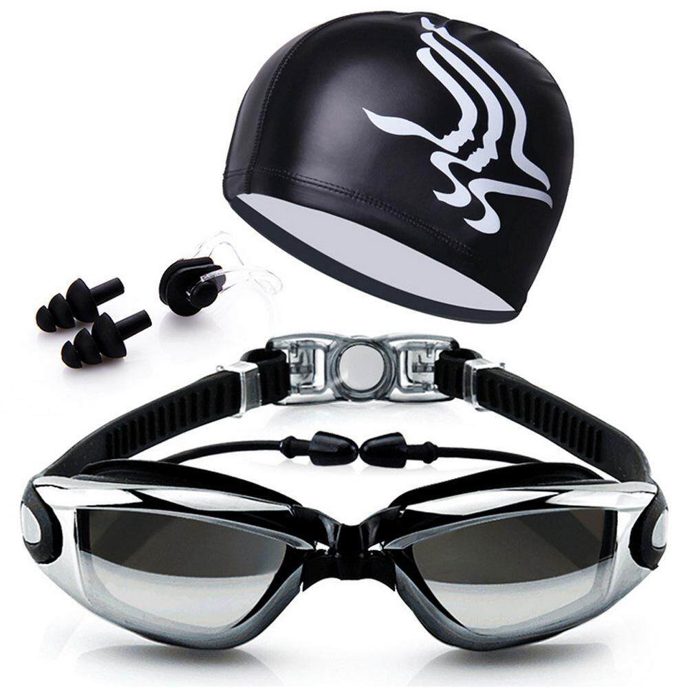 ชุดแว่นตาว่ายน้ำผู้ใหญ่ แว่นตาว่ายน้ำ ผู้หญิงและชาย กรอบแว่นตาขนาดใหญ่ แว่นตา + มีที่อุดหู + หมวก