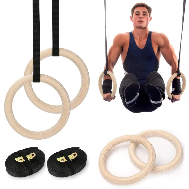 ภาพหน้าปกสินค้ายิมนาสติกแหวนโ Home Gym Rings Birch Wood Gymnastic Rings Exercise Strength Training Rings with Adjle Bs Straps Cross Fitness จากร้าน ecityshop บน Lazada