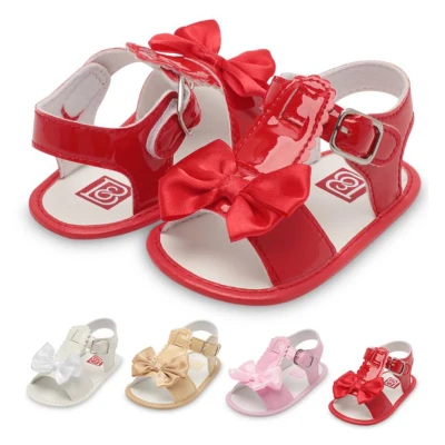 Mary's Newborn Baby Girls Bow Sandals Soft Sole Non-Slip Open Toe Flat Shoes Infant Princess Sole Crib Shoes