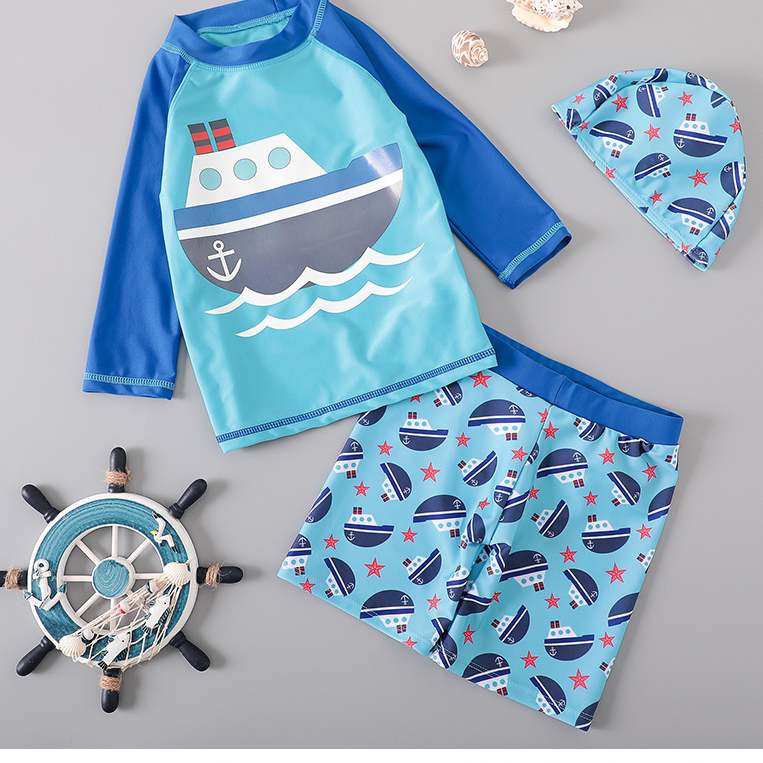 ชุดว่ายน้ำเด็ก เซ็ต 3 ชิ้น เสื้อ+กางเกง+หมวก สีฟ้า ลายเรือ ไซต์ 4-14 #  0934