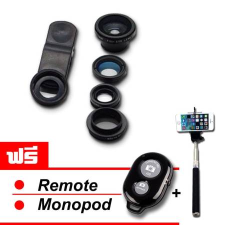 LIEQI LQ-008 4in1 Universal Clip Lens (เลนส์ CPL ตัดแสงสะท้อน) - สีดำ แถมฟรี Monopod Selfie Z07-1(สีดำ) + Remote Shutter (สีดำ)