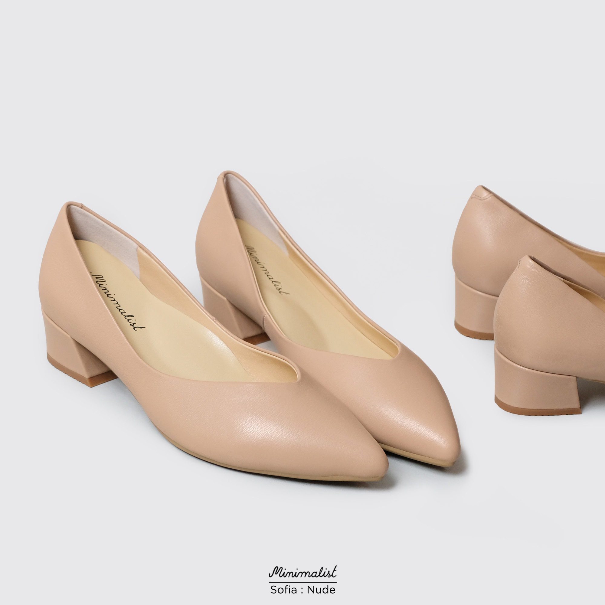 𝐌𝐈𝐍𝐈𝐌𝐀𝐋𝐈𝐒𝐓 รองเท้าส้นสูงหนังแกะแท้ รุ่น Sofia (Nude) สูง 1.5 นิ้ว ส้นแบบ block-heel เดินได้มั่นคง ไม่ตกร่อง ทรงเพรียว