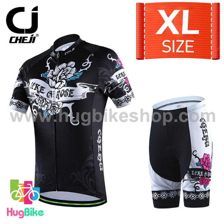 ชุดจักรยานผู้หญิงแขนสั้นขาสั้น CheJi 16 (07) สีดำ ลายดอกกุหลาบ Like a rose