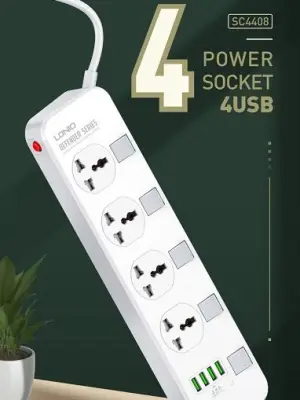 LDNIO SC4408 ปลั๊กพ่วง 4 ช่อง 4 สวิทช์ 4 USB รองรับถึง 4 universal outlet Power Strip 2500W สายยาว 2เมตร รับประกัน 1 ปี