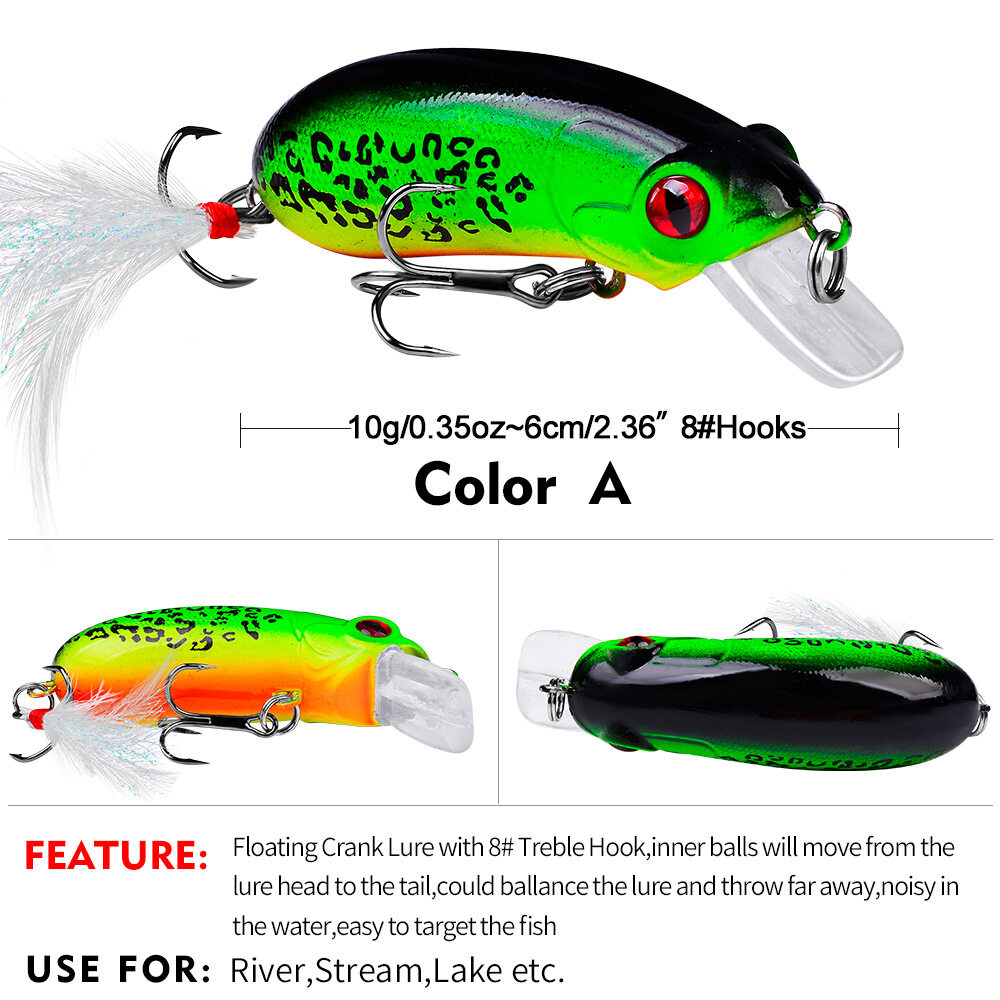 PROBEROS 1pcs Top Water Lure Floating Baits 6.2cm 10g Minnow Lure Crankbait  with 8# Treble Hook Crank Lures with Inner Ball Fishing Gear DW1109