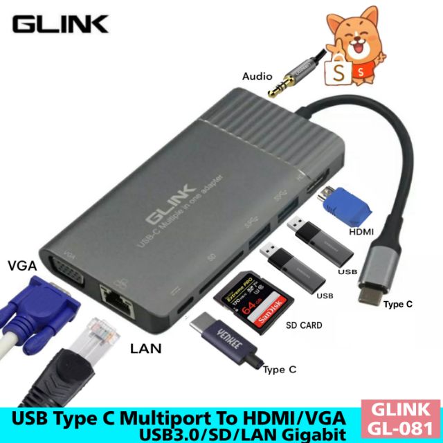 USB TYPE-C Multiport USB Type C To HDMI 4K/VGA/USB3.0/SD/LAN Gigabit (GLINK GL-081)