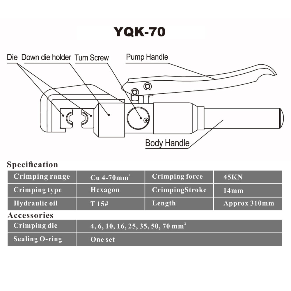 YQK -70 คีม ย้ำหางปลา ไฮโดรลิค Hydraulic clamp 4-70 Sq.mm คีม พร้อมดายหกเหลี่ยม YQK-70 4-70mm Hydraulic Crimping pliers