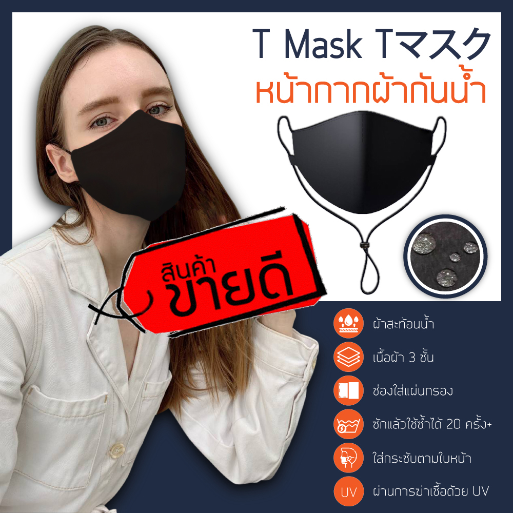 พร้อมส่ง T mask หน้ากากผ้า ผ้าสะท้อนนํ้า ผ้าปิดจมูก 3 ชั้น มีช่องใส่แผ่นกรอง Cotton สายแบบยาวรัดปรับขนาดได้ (สีดำ)