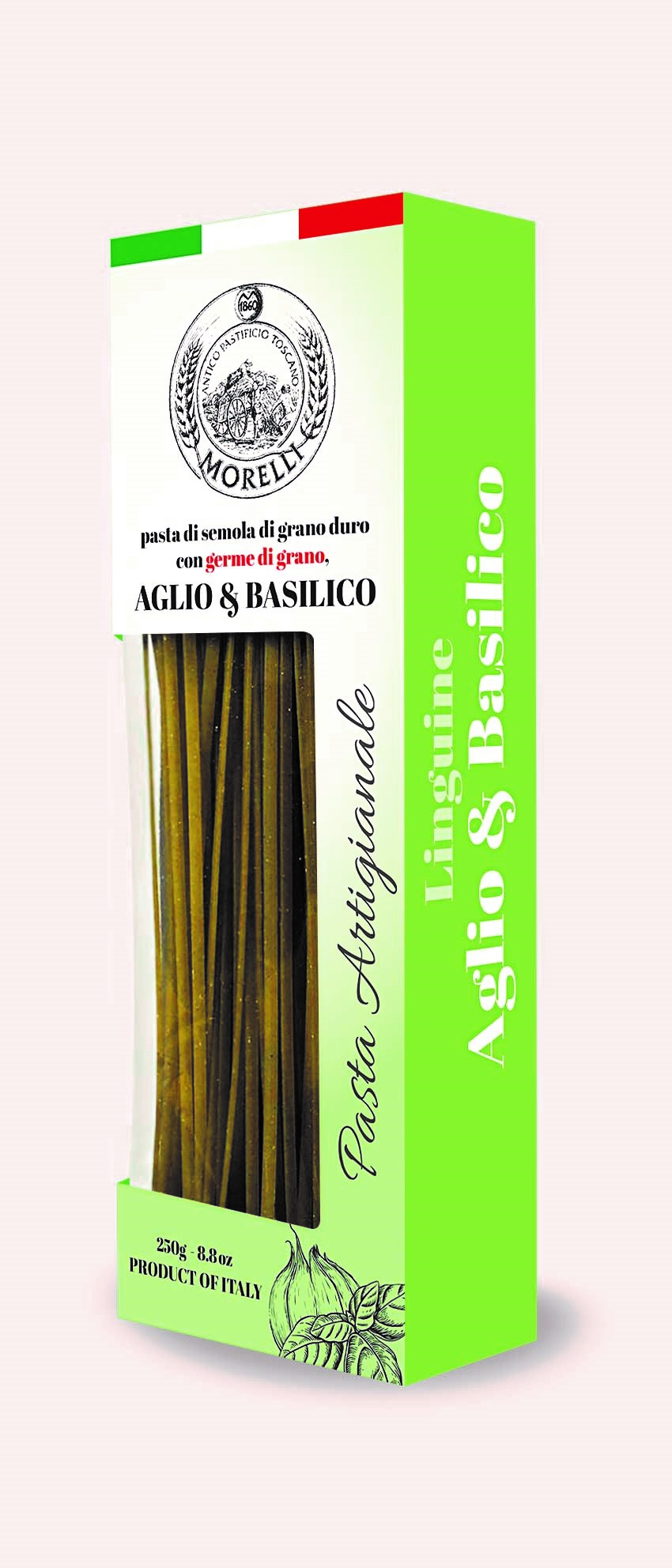 High quality italian dried pasta Linguine w/wheat germ Garlic and Basil - 250gr