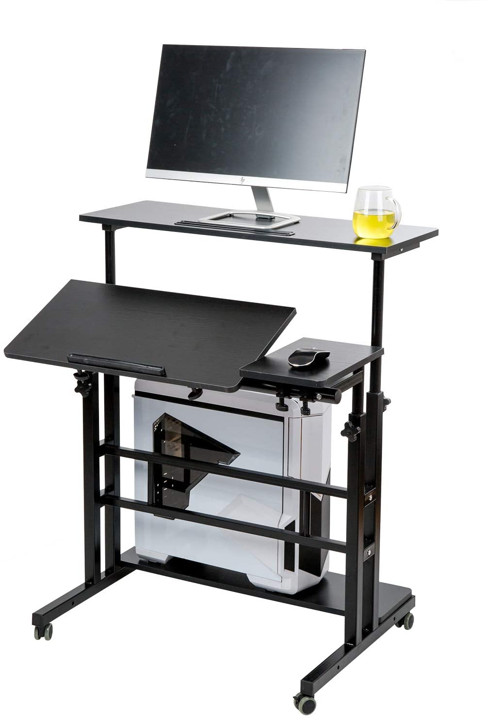 Mobile Stand Up Desk, Adjustable Laptop Desk with Wheels Storage Desk Home Office Workstation, Rolling Table Laptop Cart for Standing or Sitting