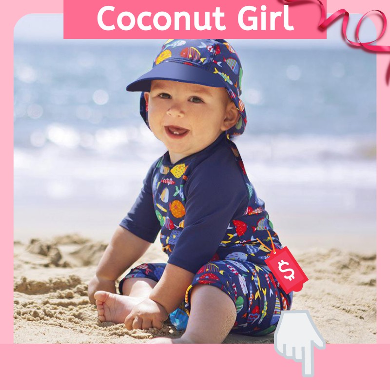 ?คูปอง?》BOWR1《coconut girl เตรียมสินค้า? ชุดว่ายน้ำเด็ก บอดี้สูท แขนสั้น ขาสั้น สีน้ำเงิน ลายปลาชุดว่ายน้ําเด็ก 1 ปี