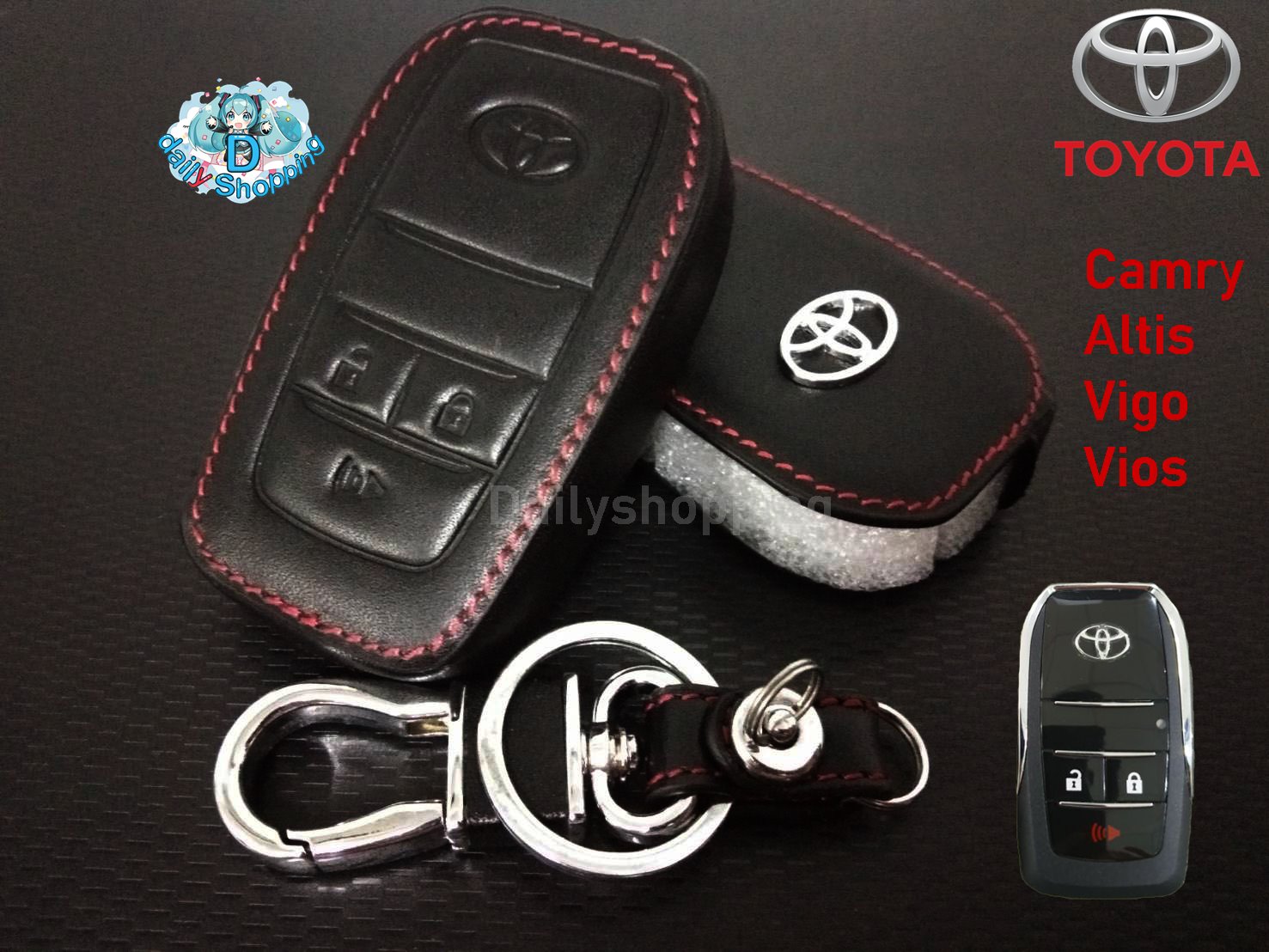 ซองกุญแจหนัง กระเป๋าใส่กุญแจ ซองกุญแจ สีดำ สำหรับ Toyota Camry Altis Vigo Vios 3ปุ่ม