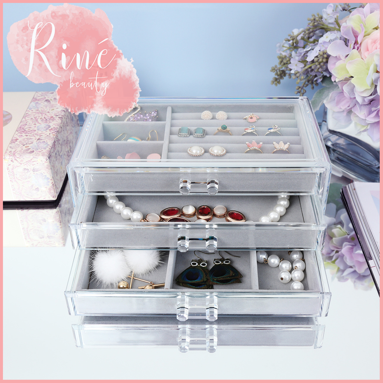 Rine Beauty ถาดเครื่องประดับ 3ชั้น เก็บเครื่องประดับ แหวน สร้อยคอ ต่างหู ผ้ากำมะหยี่ คุณภาพพรีเมียม หรูหรา Premium Quality velvet jewelry accessories storage box tray