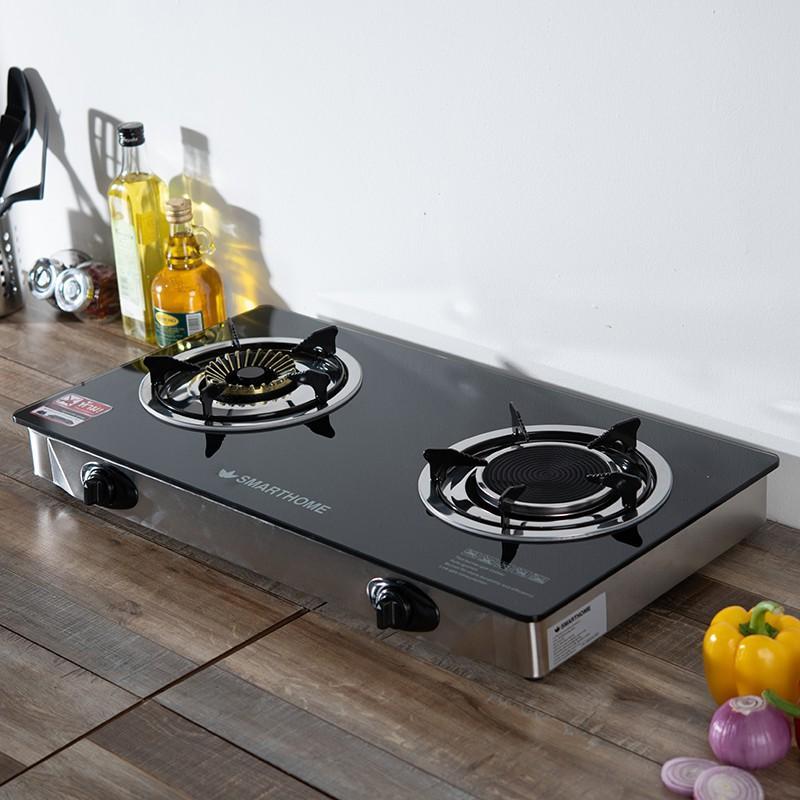 เตาแก๊สกระจกหัวคู่ หัวทองเหลือง และ หัวอินฟาเลส รุ่น SM-GA2H-01 SMART HOME