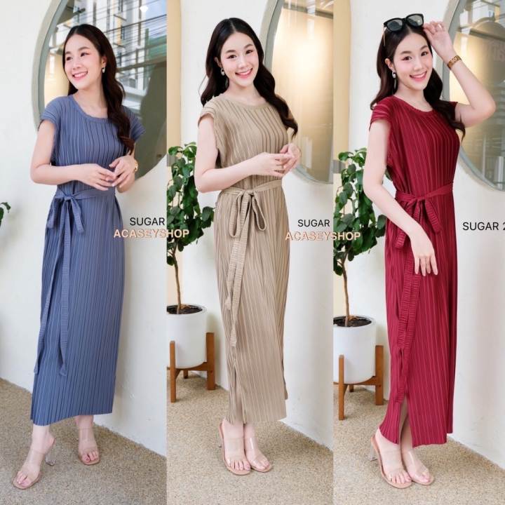 Acaseyshop ชุดเดรส เดรสอัดพลีททวิส คอกลมแขนกุด มีเชือกผูกเอว ดีไซค์เรียบหรูดูแพง – No Brand >>> top1shop >>> lazada.co.th 🇹🇭 🇹🇭 🇹🇭🛒🛍🛒