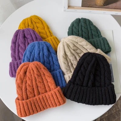 New Candy Colors Knitted Hats For Women Kpop Style Twist Woolen Beanie Hat Autumn And Winter Female Cap Keep Warm Winter Hat