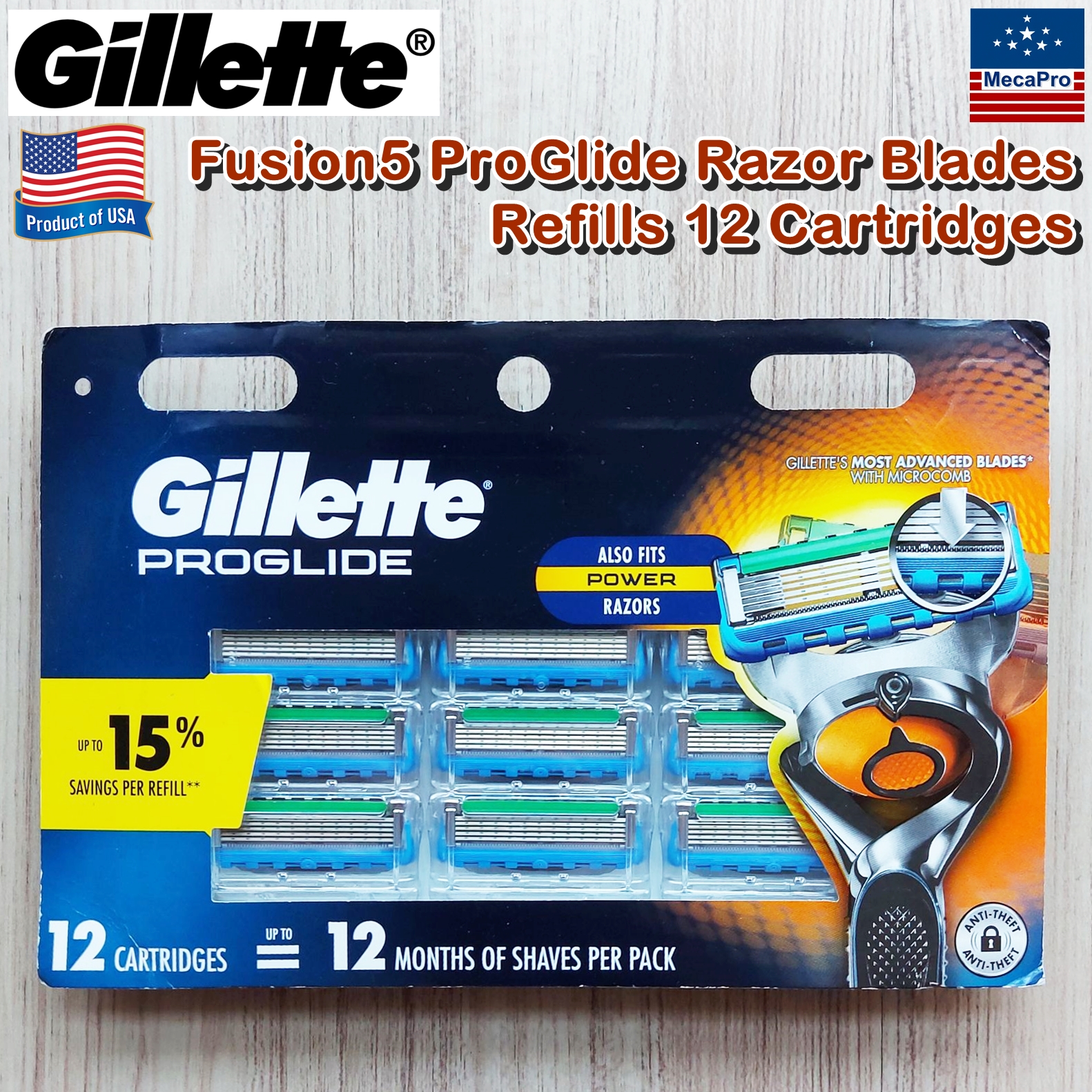 Gillette® Fusion5™ ProGlide® Razor Blades Refills 12 Cartridges ใบมีดโกน ยิลเลตต์ ฟิวชั่นไฟ้ว์ โปรไกลด์