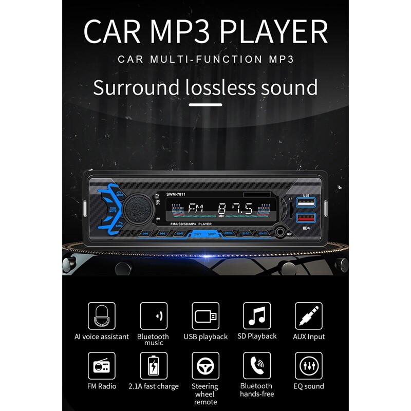 1Din Car Mp3 Player Power-Off Memory Voice Assistant U Disk Card FM Radio Bluetooth Connection Player