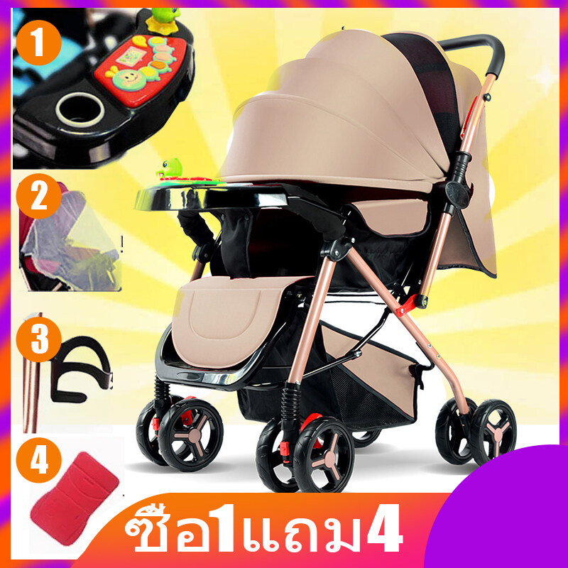 【 พร้อมส่ง！】 ซื้อ 1 แถม 4 รถเข็นเด็ก Baby Stroller เข็นหน้า-หลังได้ ปรับได้ 3 ระดับ(นั่ง/เอน/นอน) เข็นหน้า-หลังได้ New baby stroller