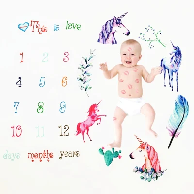 Baby Kids Unicorn Monthly Milestone Blanket Diaper Play Mat Photography Background Photo Props Shoot Calendar Accessories