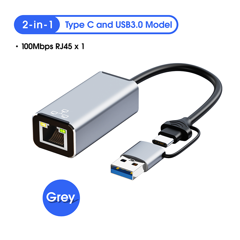 2IN1 USB A/USB C to Adapter Type C Thunderbolt 3 to RJ45